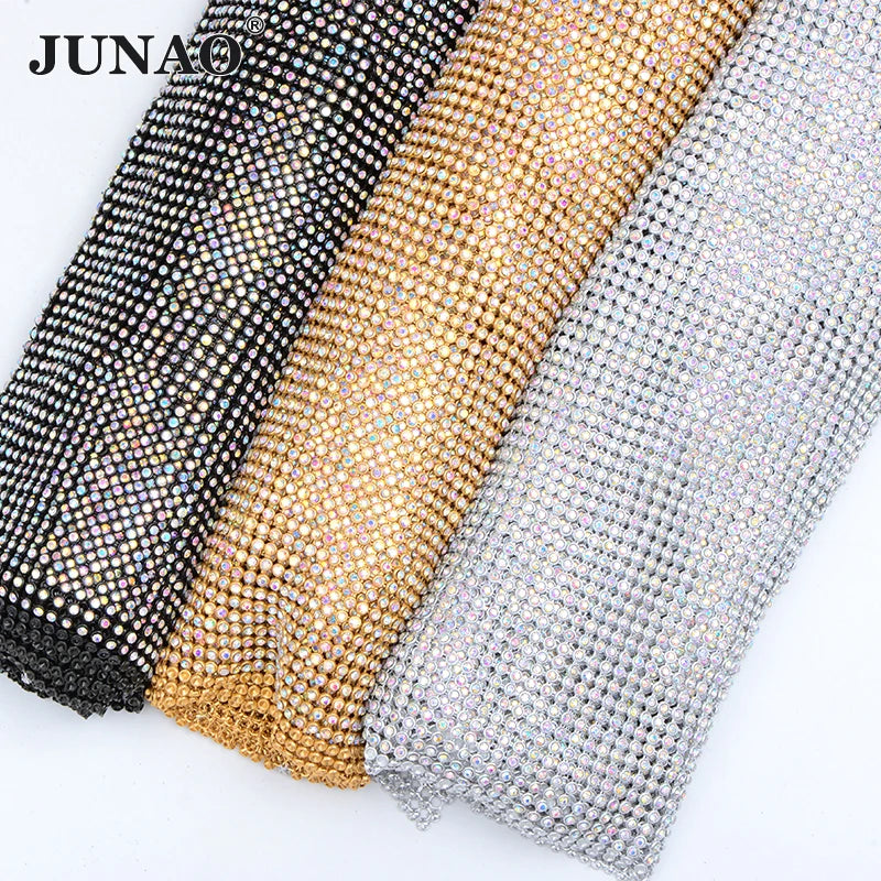 JUNAO Wholesale 45*120cm Glitter Sewing Gold Trim AB Crystal Fabric Glass Rhinestone Mesh for Dress DIY Crafts