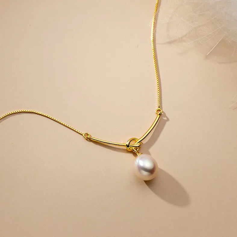 Trendy Women 925 Sterling Silver Necklace Knot Shape Pendant With Natural Freshwater Pearl Gold Plated Necklaces Fine Jewelry