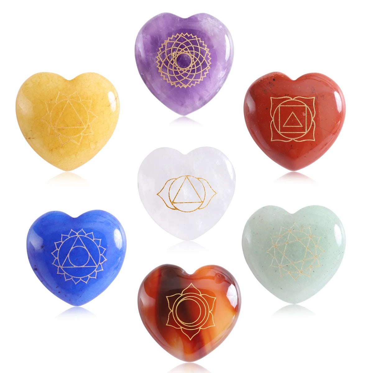Polished Heart Shaped Plate Engraving Reiki Symbol Yoga Energy 7 Chakra Stones Sets Healing Crystal With Engraved Chakra Symbols