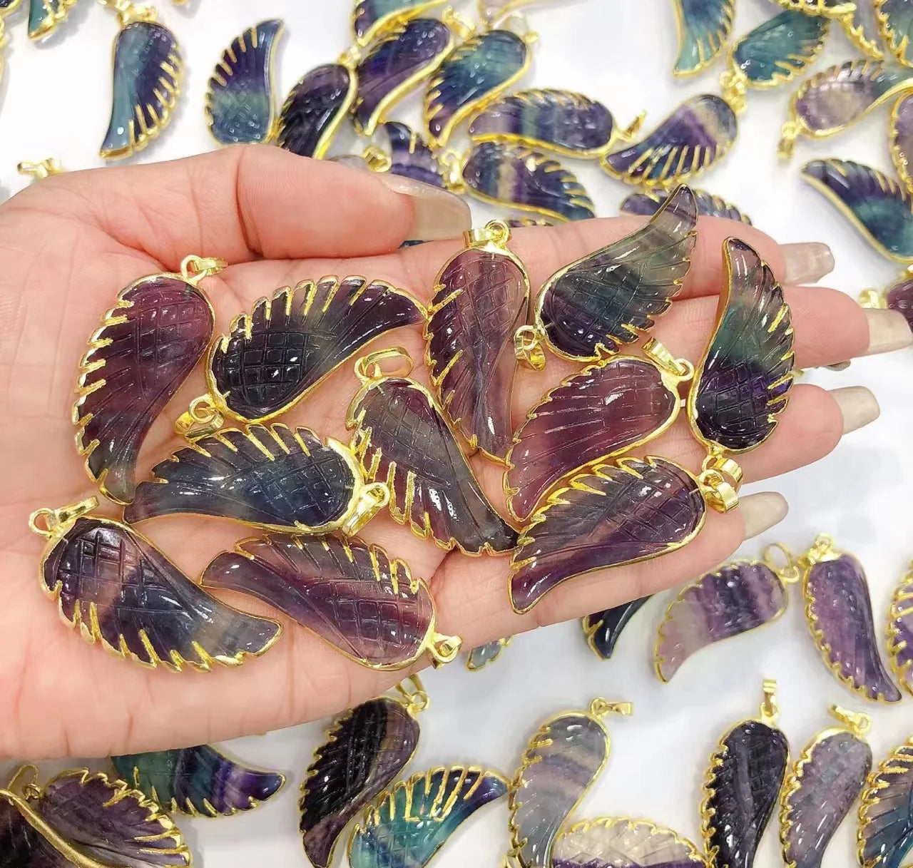 Angel Wing Fluorite Pendant for Making Jewelry  Rainbow Fluorite Healing Chakra Charm DIY Necklace Earrings