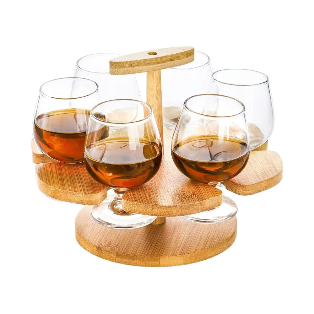 Bamboo Beer Flight Serving Tray with 6 Small Brandy Snifters Whiskey Flight Tasting Set for Men's Home Bar Party