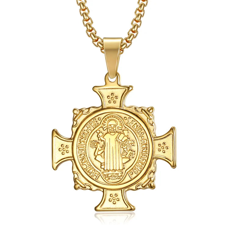 Wholesale Stainless Steel Catholicism Pendant Jewelry Saint Benedict Religious Medal Necklaces for Men