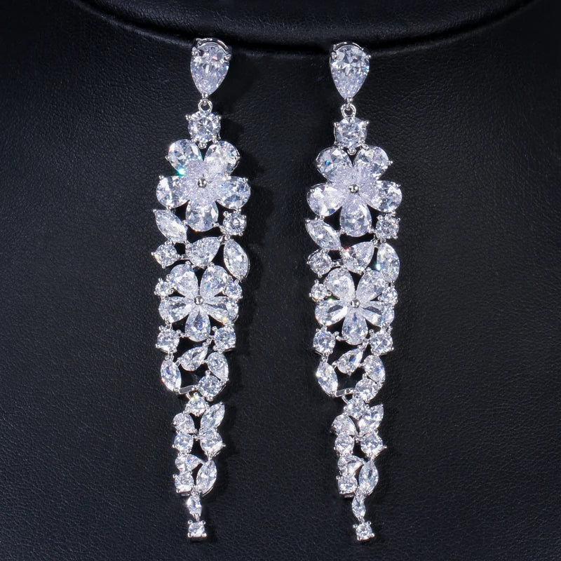 Sparkling White Cubic Zirconia Stones Paved Silver Color Bridal Wedding Long Earring for Women Party Jewelry Accessories