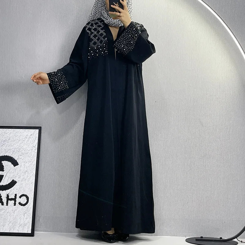 Malaysia Arab Middle East Fashion Elegant Pure Color Nail Bead Tie up Cardigan Robe Long Sleeve Open Abaya