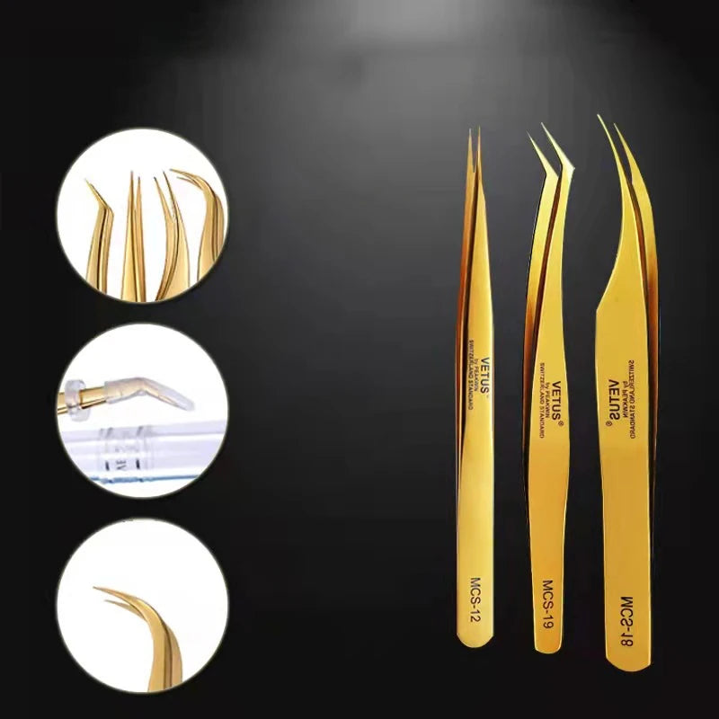 VETUS MCS 12 15 18 19 Gold Lash Tweezers Precision Tweezers  Extension Eyelash Nano Grip Tweezers for Lash Extensions