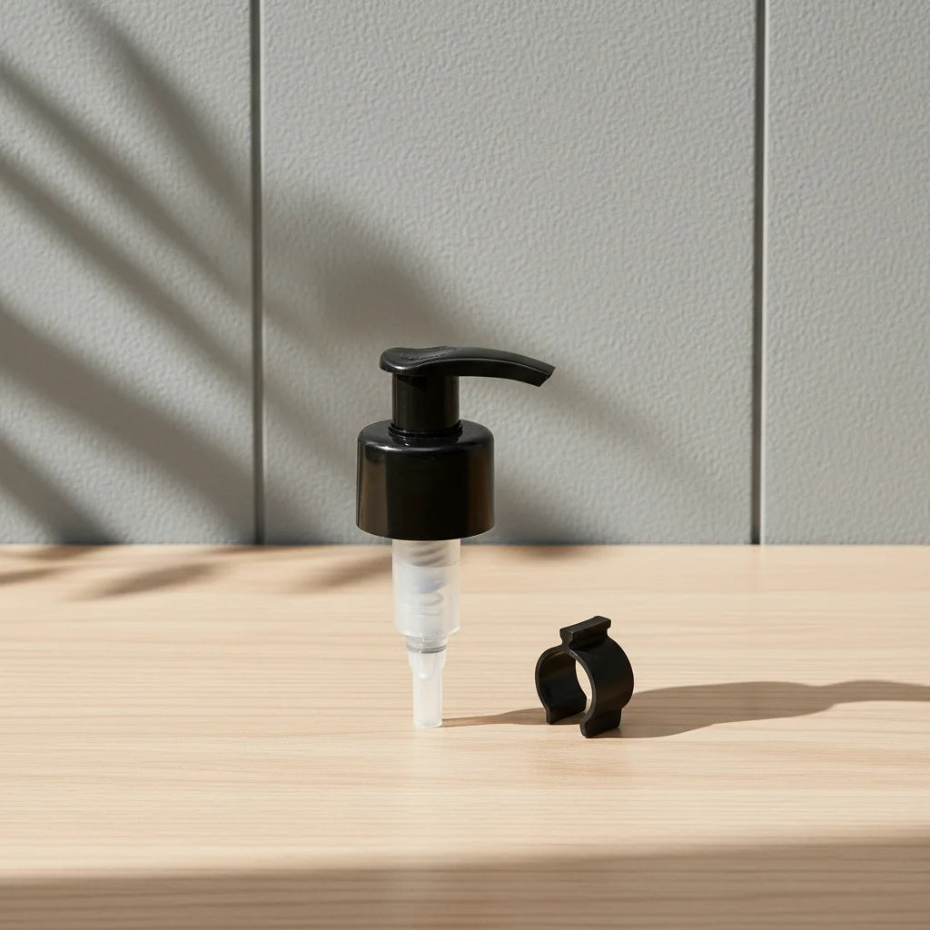 Wholesale 28/410 Aluminium-Plastic Non-Spill Black Smooth Lotion Pump Left-Right Lock with Clip for Cosmetic Bottle Stopper
