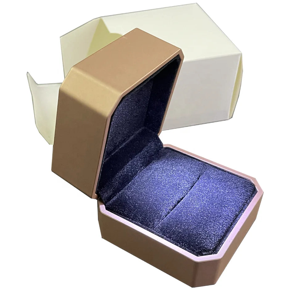 Customized Your Logo Luxury Champagne Octagonal LED Ring Box with Velvet Lining 70x70x50mm
