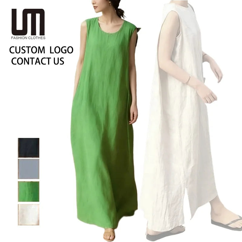 Custom Your Brand Logo Wholesale Spring Summer Fashion Women Casual Linen Cotton Loose Long Dress
