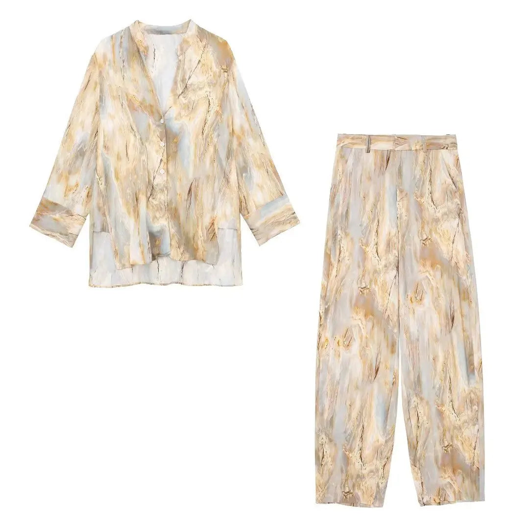Wholesale 2026 Spring New Women's Wear European and American Asymmetric Tie Dyed Shirts High Waist Straight Trousers Women's Set