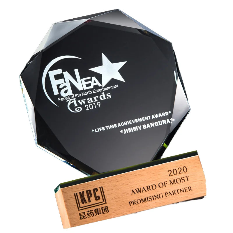 High Quality Custom Blank Crystal Award Glass Trophy Unique Engraved Design Wooden Base Company Prizes for Anniversary Souvenirs