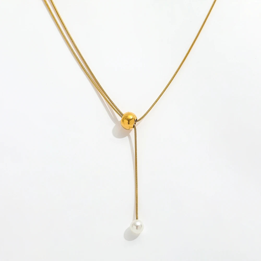 Fenny 18K Gold Plated Wholesale Elegant Fresh Water Pearl Bead Pendant Sweater Chain Adjustable Stainless Steel Necklace