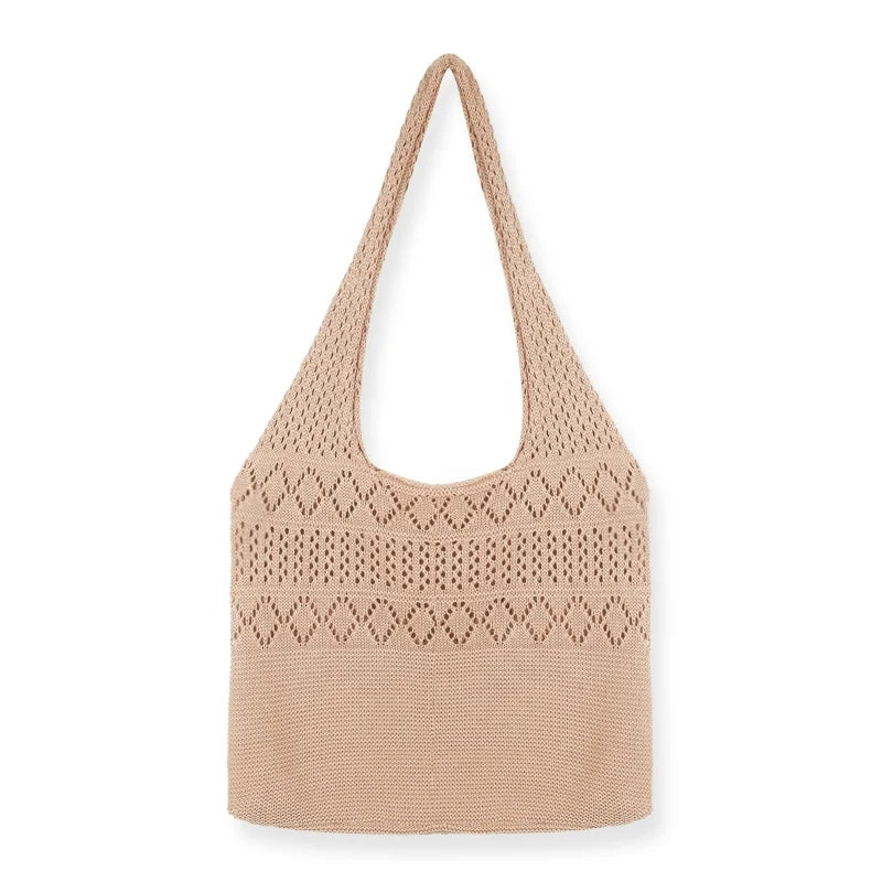 Women's Vintage Fashion Knitted Crochet Shoulder Bag Large Capacity Cotton Thread Beach Tote Open Closure Embroidery Decoration
