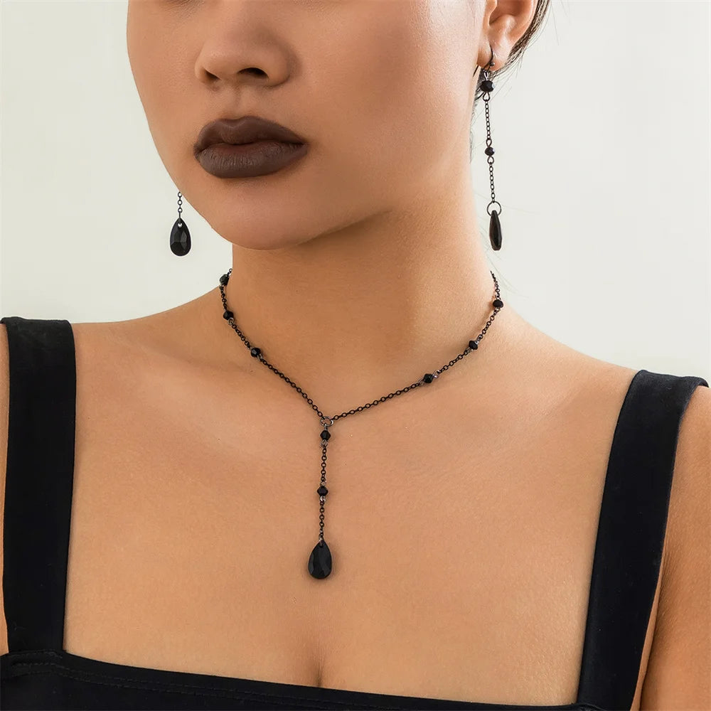 Gothic Water Drop Shape Crystal Pendant Necklace Earrings Set for Women Punk Ladies Street Wear Accessories Fashion Jewelry Gift