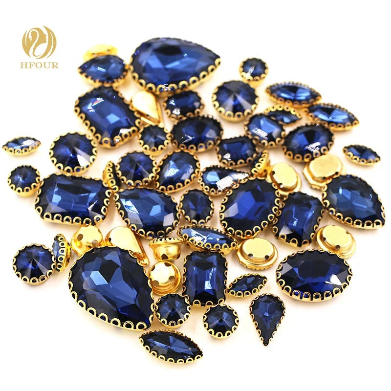 Ink Blue 3D Hot Sale Mixed Shape Crystal Glass Sew-On Rhinestones with Golden Lace Claw for DIY Dress Decoration