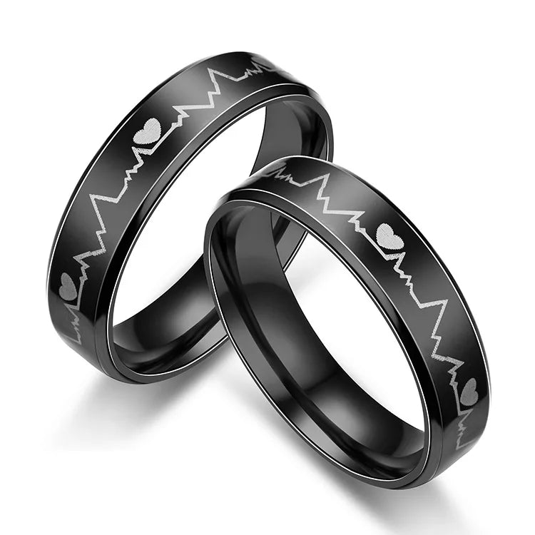 SC Hot Sale Black Couple Finger Ring New Trend Stainless Steel Ring Jewelry ECG Heartbeat Rings for Women Men