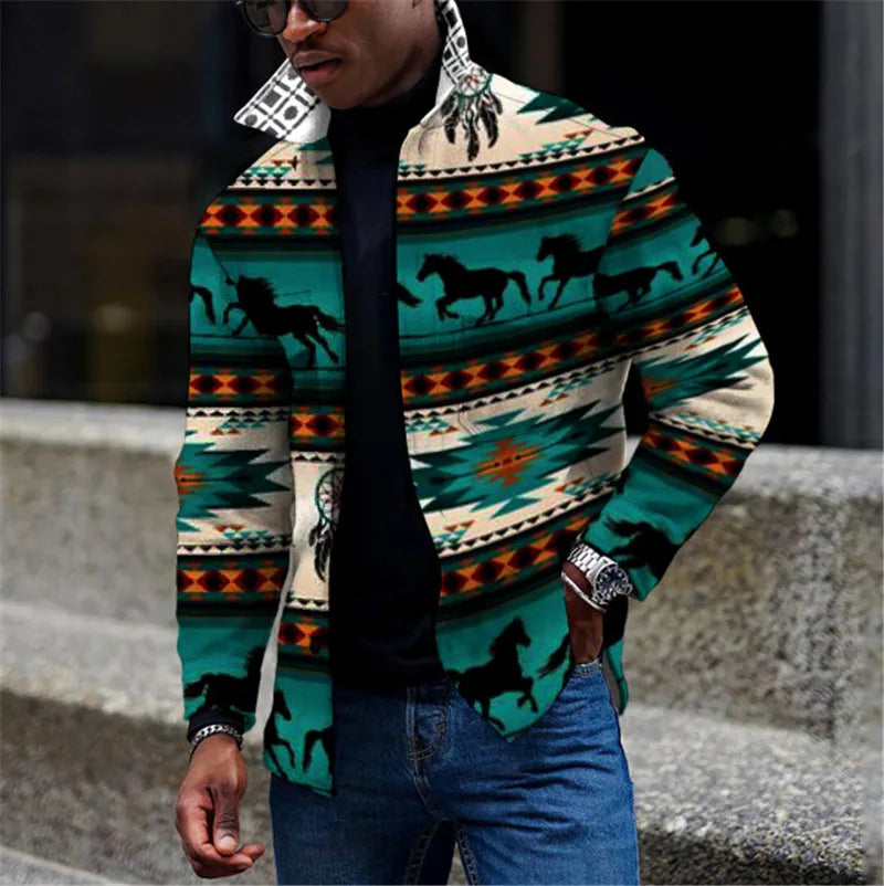 2026 Custom Spring Autumn Western Aztec Style Clothing Printed Button Down Outwear Plus Size Winter Warm Men's Shirt Jackets