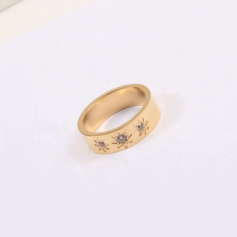 Summer Women Jewelry Hexagram Star Shape Sun Flower Stainless Steel CZ Zirconia Ring