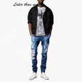 Mens Clothing 70% Cotton Patchwork Men Jeans Slim Ripped Hole Denim Blue Fitting Jean Pants Plus Size Mens Leisure Jean Trousers