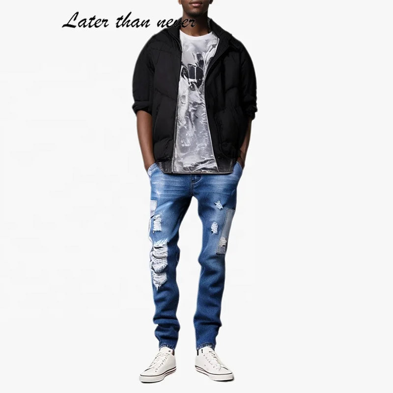 Mens Clothing 70% Cotton Patchwork Men Jeans Slim Ripped Hole Denim Blue Fitting Jean Pants Plus Size Mens Leisure Jean Trousers