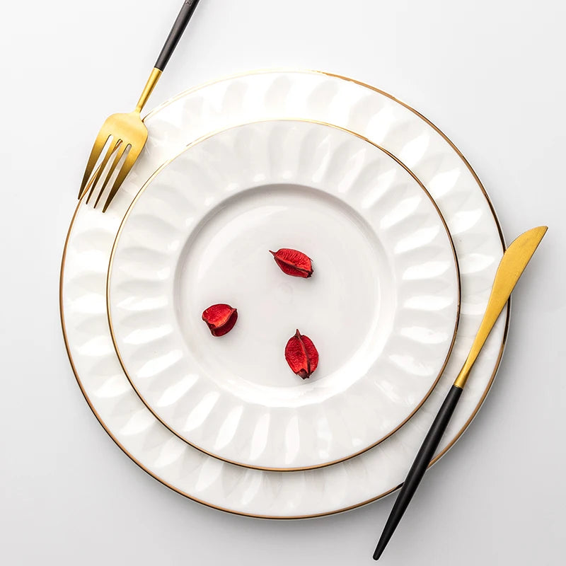 High Quality Luxury Dinnerware Set Bone China Porcelain White Plate Dish Bowl with Gold Rim for Home Restaurant Hotel Tableware