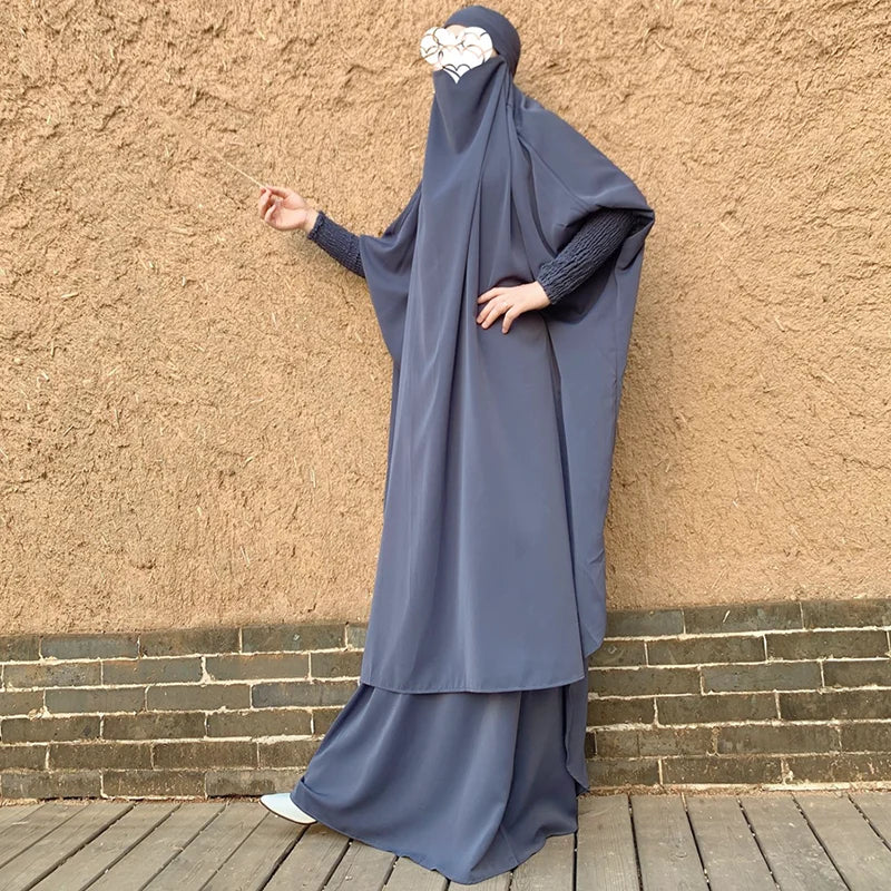 Muslim Women Overhead Prayer Garment Nida Dress Khimar Niqab Dubai Islamic Clothing 2 Piece Abaya Set Jilbab With Skirt