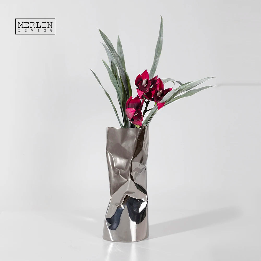 Merlin Living Modern Ceramic Vase Silver Plated Bright Novelty Funny Luxury Home Decoration Accessories With Decor Vases