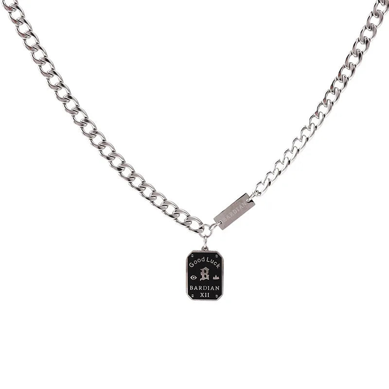 Fashion Simple Silver Stainless Steel Necklace Birthday Gift Male Boy Hip Hop Man Letter Print Rectangle Pendant Chain Necklace