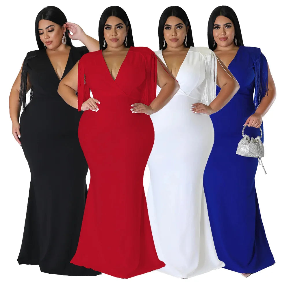 N7628 Best-Selling Plus Size Women Evening Dresses Elegant V-Neck Tassels Sleeves Maxi Dress Ladies Long Maxi Dresses for Women
