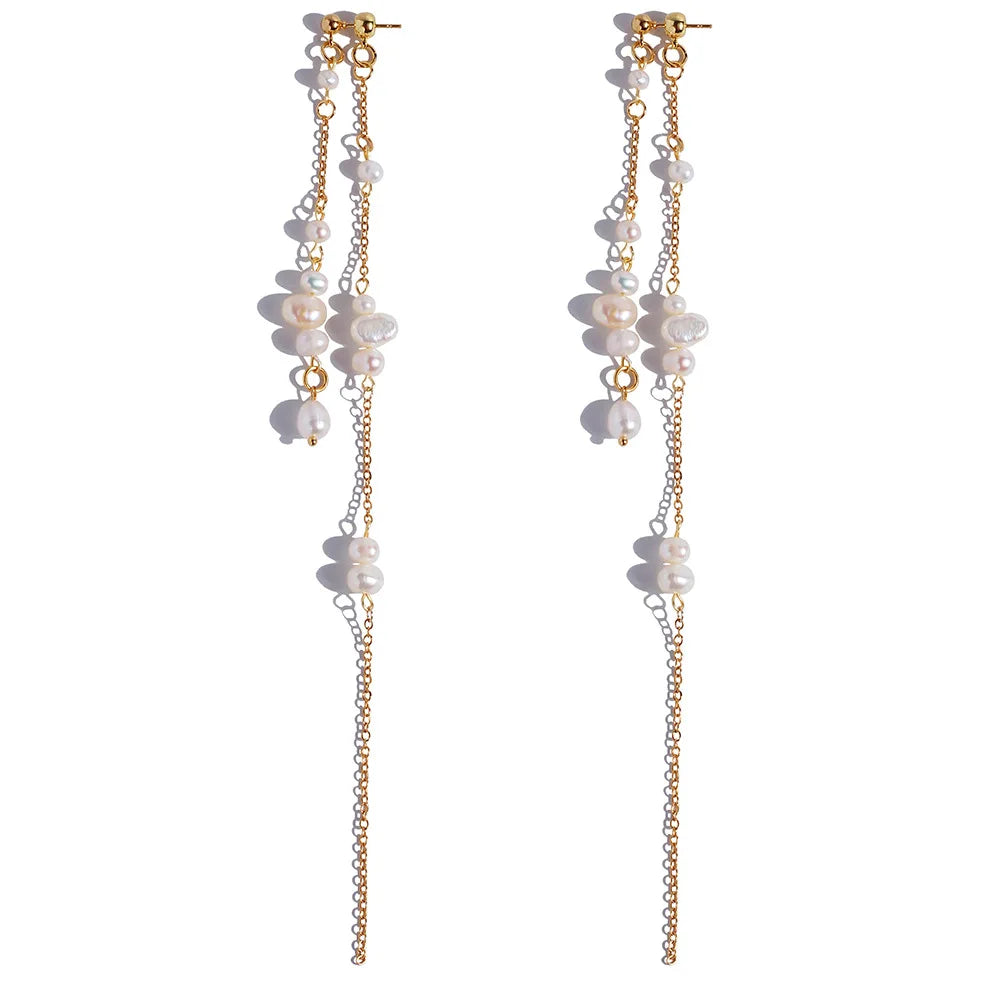 Handmade Gold Elegant Bridal Freshwater Pearl Long Tassel Drop Earrings Fashionable Wedding Accessory