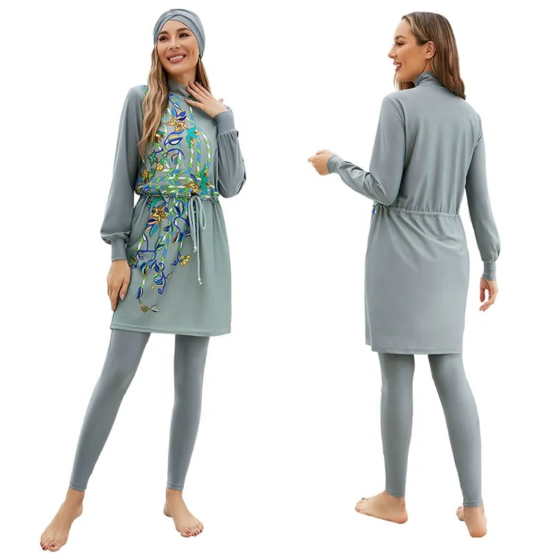 2023 Modest Swimwear Burkini Set New Islamic Printed Muslim 3-Piece Swimsuit with Strap Waterproof Features for Beach