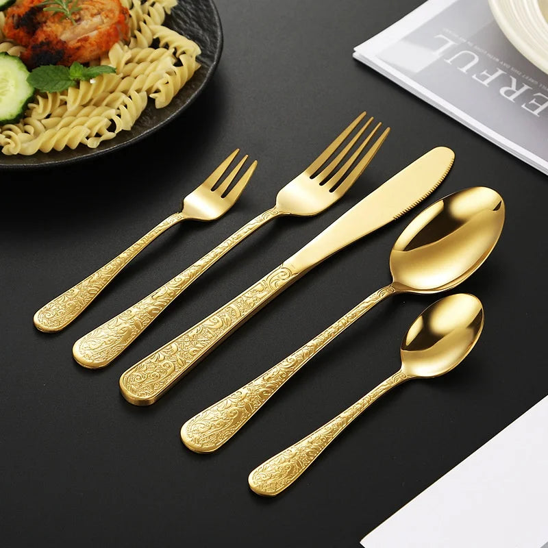 Hot Selling Stainless Steel Gold Cutlery Set Vintage Embossed Pattern Steak Knife Fork Spoon Golden Flatware Set for Wedding
