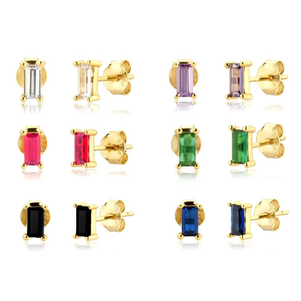 EH1259 925 Sterling Silver Colorful Rainbow Square Stud Earring White Purple Gemstone Piercing Ohrringe Pendiente Fine Jewelry