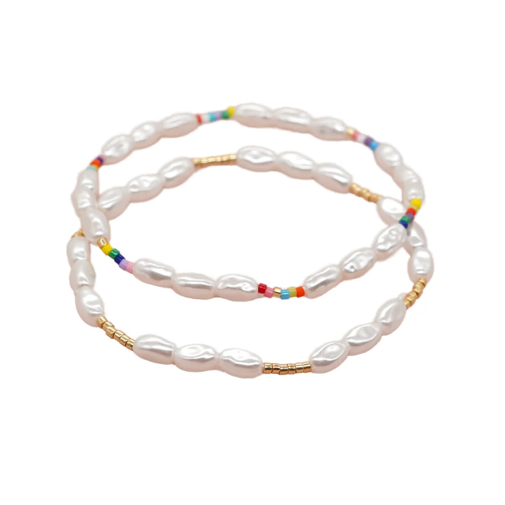 Go2boho Handmade Fashion Jewelry-Rainbow Seed Beads Faux Pearl Stretch Bracelet Geometric Elastic Bangle for Women Children