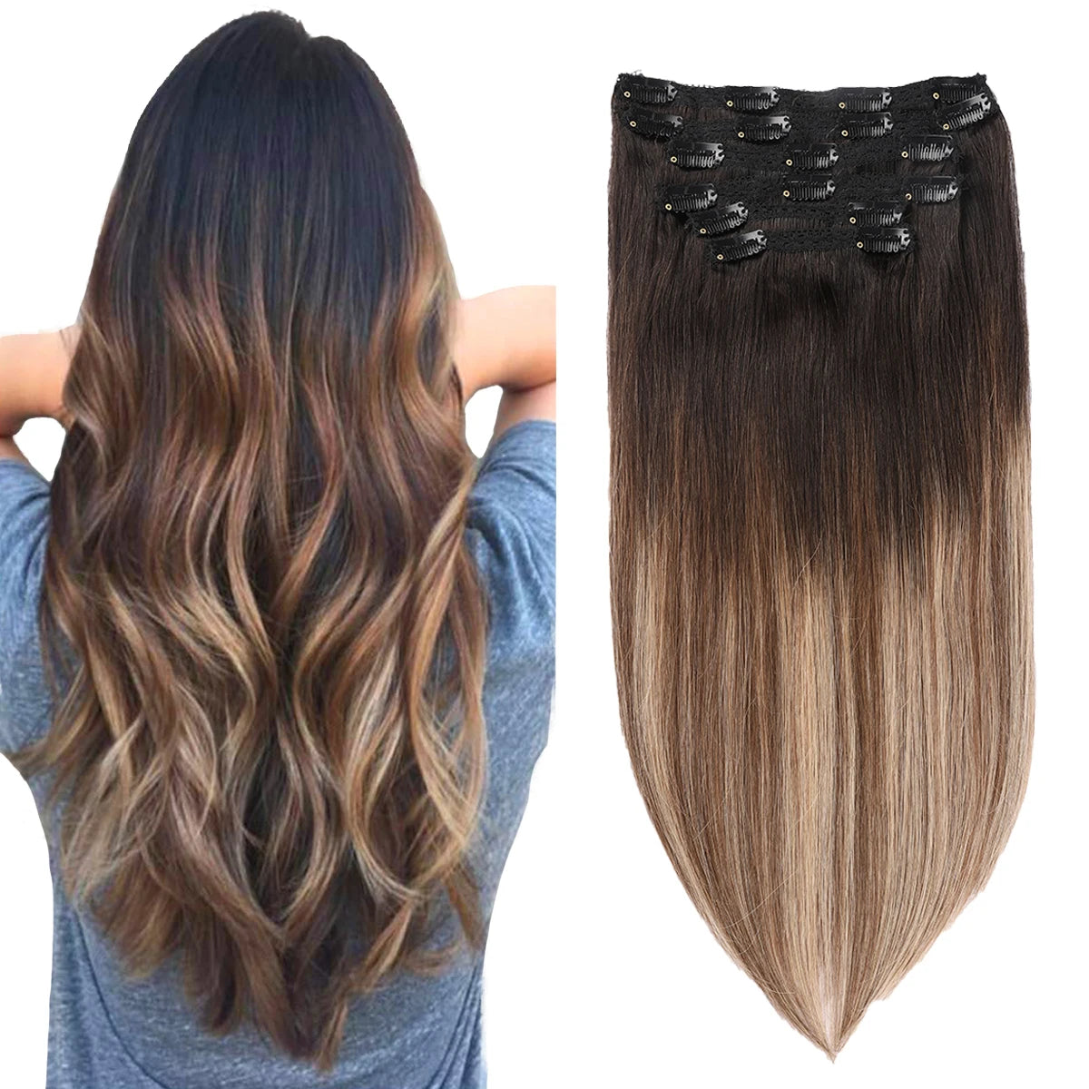 Cheap 100% Full Head Virgin Human Hair Brown Ombre Clip in Hair Extensions