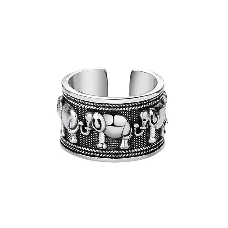 Antique Silver Plating Animal Family Migration Ring Multiple Elephants Cuff Ring