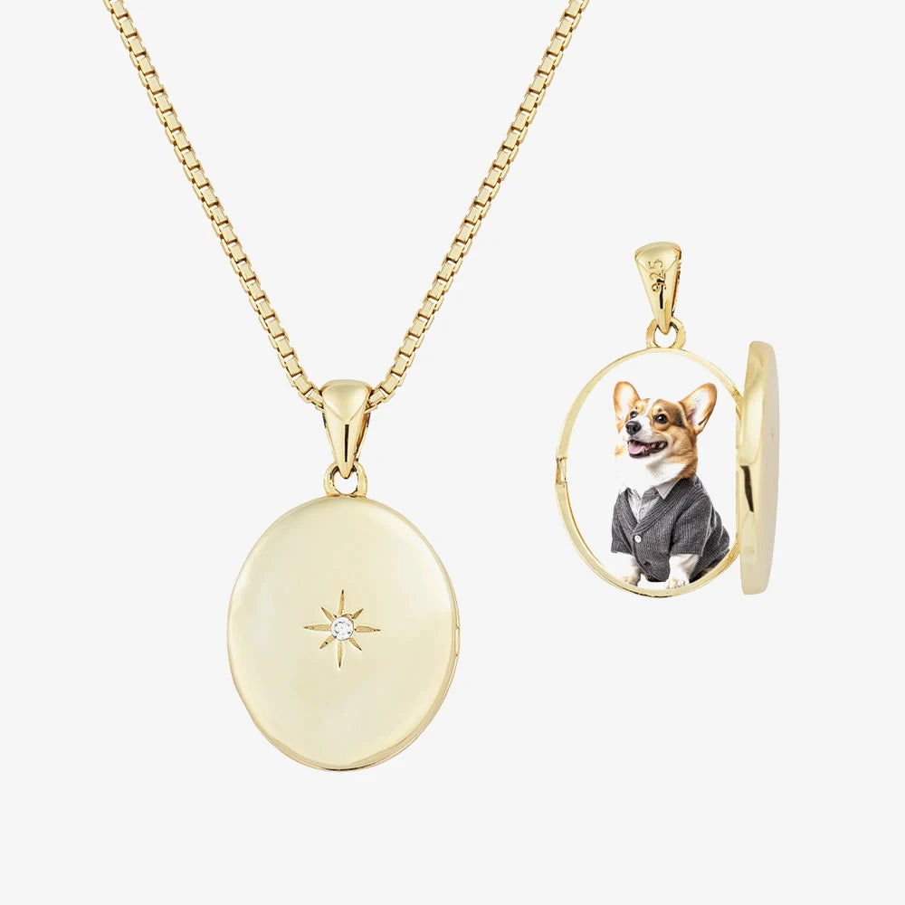 Photo Locket Pendant Box Chain 925 Sterling Silver Gold Plated CZ Starburst Necklace