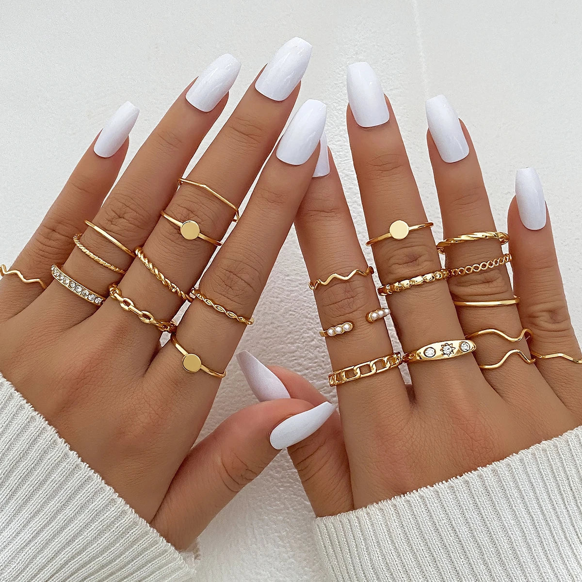 20pcs/set New Fashion Gold Plated Crystal Finger Ring Set Punk Diamond Chunky Pearl Geometric Rings Set for Women Jewelry Gift