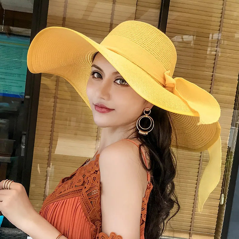 WoZhen Korean Version Seaside Sunshade Big Brim Beach Hats for Women Summer Straw Cap