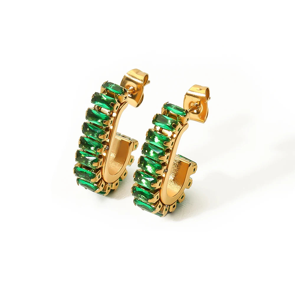 Luxury Stainless Steel PVD 18K Real Gold Plated Geometric Trendy Full Green Cubic Zirconia Emerald Diamond U Shape Hoop Earrings
