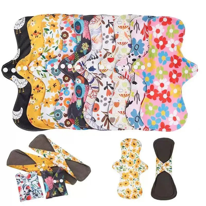 Large Polyester Cloth Printed Absorbent Microfiber Bamboo Charcoal Menstrual Pads Waterproof Washable Reusable Soft Sanitary Pad