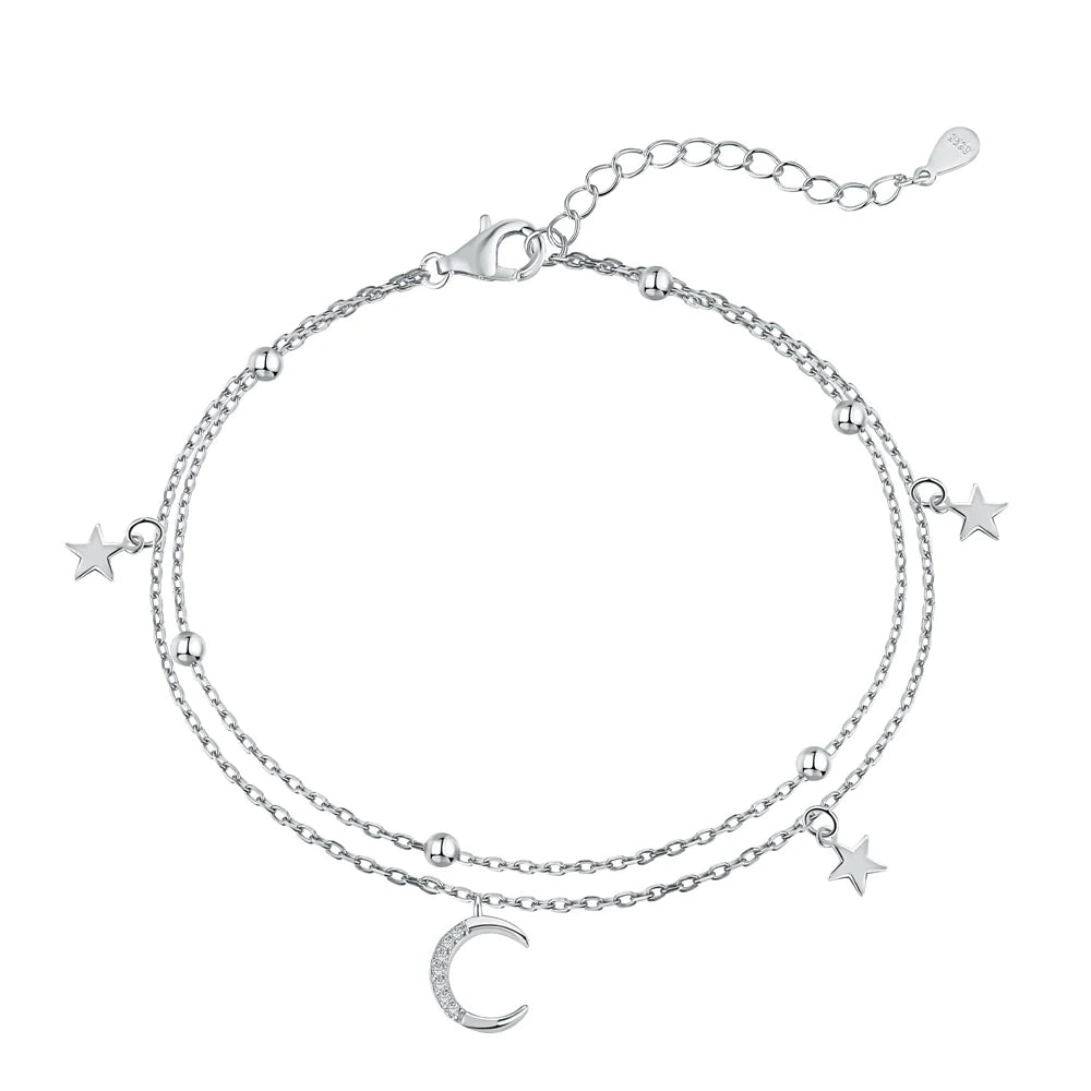 Dylam Jewelry 925 Sterling Silver Star Crescent Moon Bracelet Double Stranded Bracelets for Women Sister Friendship Bracelet