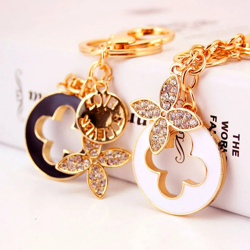 Bag Pendant Decoration Zinc Alloy Metal Crystal Gold Enameled Four Leaf Clovers Keychain Jewelry Key Chain for Souvenir Gift