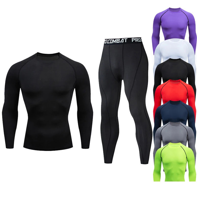 Custom Men's Long Sleeve Compression Shirt and Quick Dry Running Bike Tight Breathable Sportswear Set for Fitness and Running