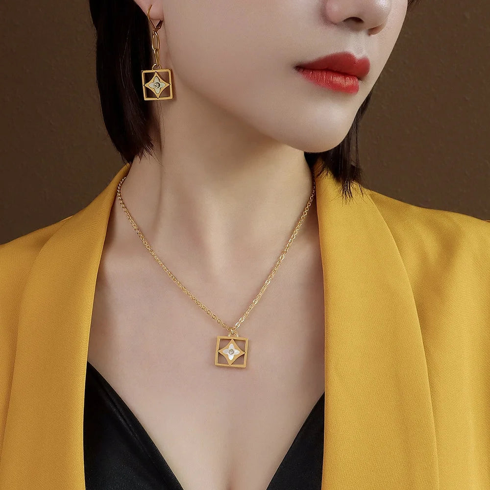 Waterproof New Stainless Steel 18k Gold Retro Square White Conch Zircon Necklace Earrings Jewelry Set Wholesale Spot
