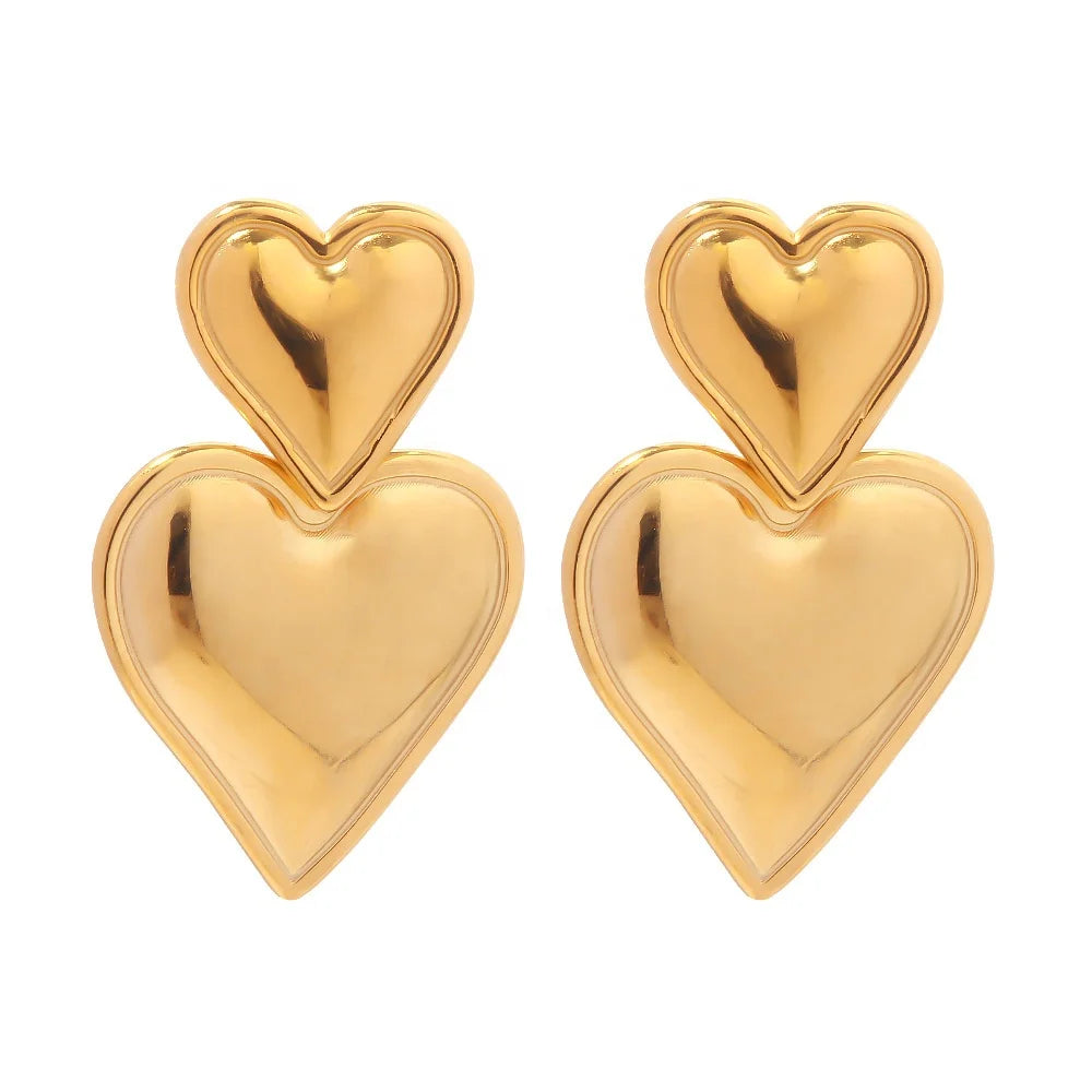 Luxury 18K Gold Plated Stainless Steel Earrings Smooth Double Heart Shape Drop Stud with Heart Dangling 18k Jewelry