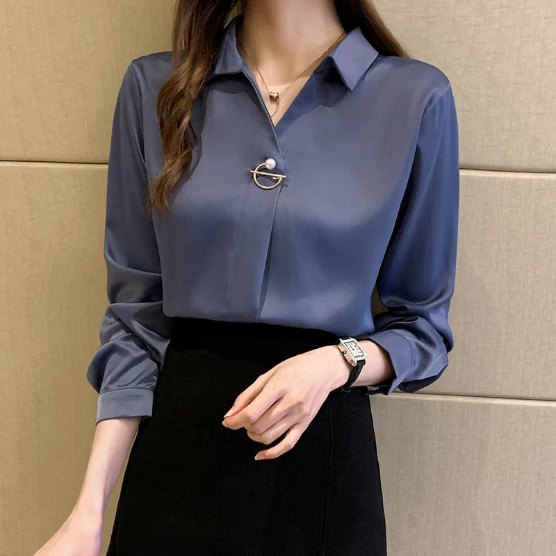 Autumn New Korean Version Versatile V-neck Slim Long Sleeve Shirt Elegant Solid Women's Office Blouse 5106#