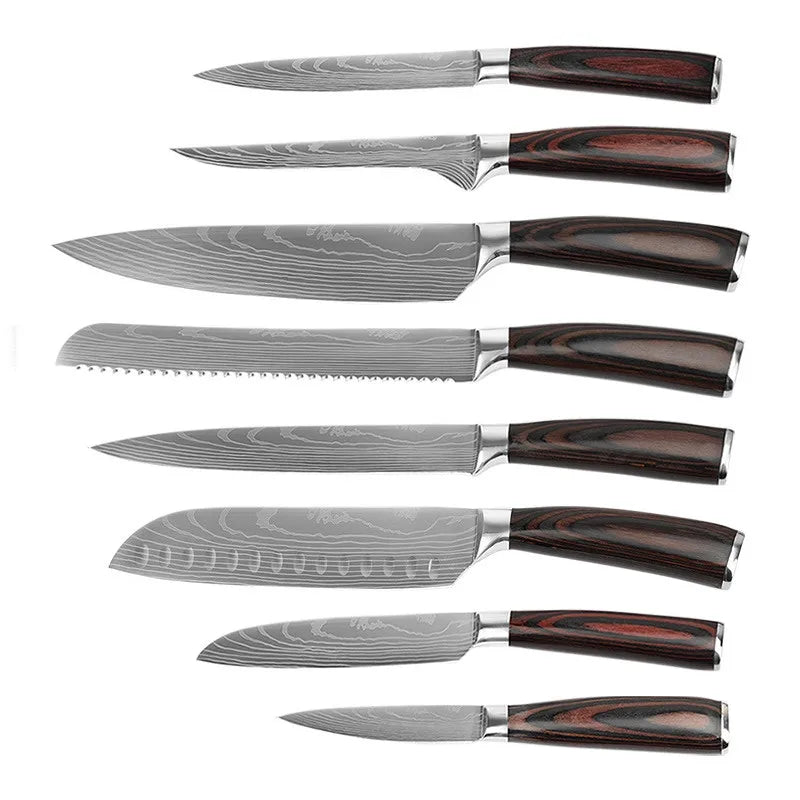 Professional Ultra Sharp High Carbon Stainless Steel Damascus Kitchen Chef Knives Set with Pakka Wood Handle