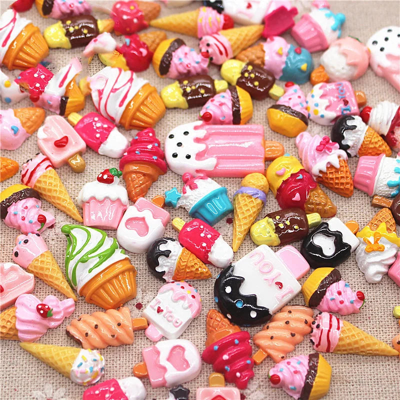 100Pcs Kawaii  Desserts Ice Cream Flat Back Resin Cabochons Mini Sweet Food Dolls Simulation Phone Case Supplies Hair Decoration