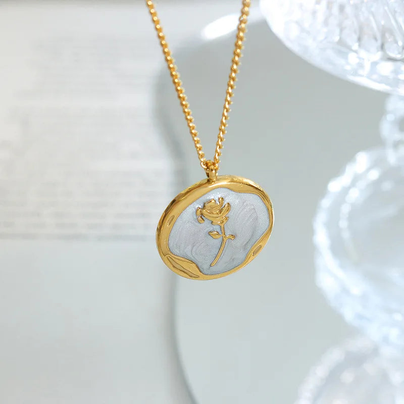 Stainless Steel White Enamel Rose Necklace Gift 18k Gold Plated Enamel Flower Pendant Necklace