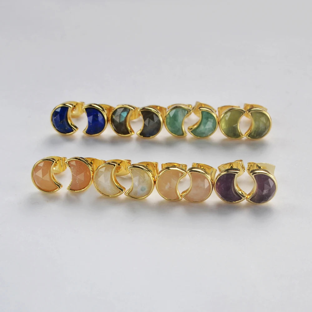 Natural Half Moon Crescent Earring Jewelry Healing Crystal Women Gemstone Stud Moon Shaped Earrings for Girls